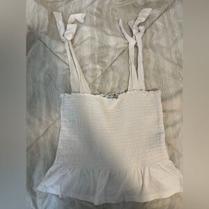 Bar III Cream Smocked Tie-Strap Top